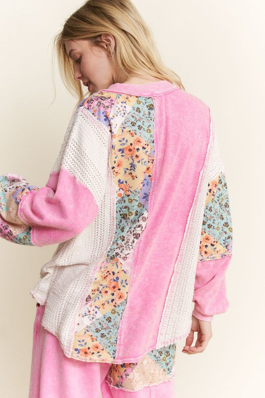 Floral WaveKnit Jacquard Boho Top Bubble Gum