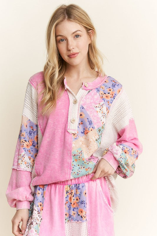 Floral WaveKnit Jacquard Boho Top Bubble Gum