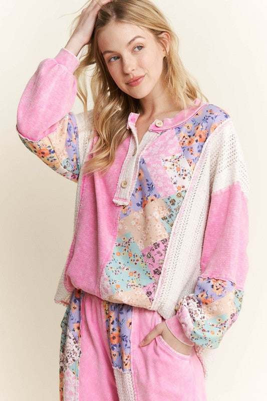 Floral WaveKnit Jacquard Boho Top Bubble Gum