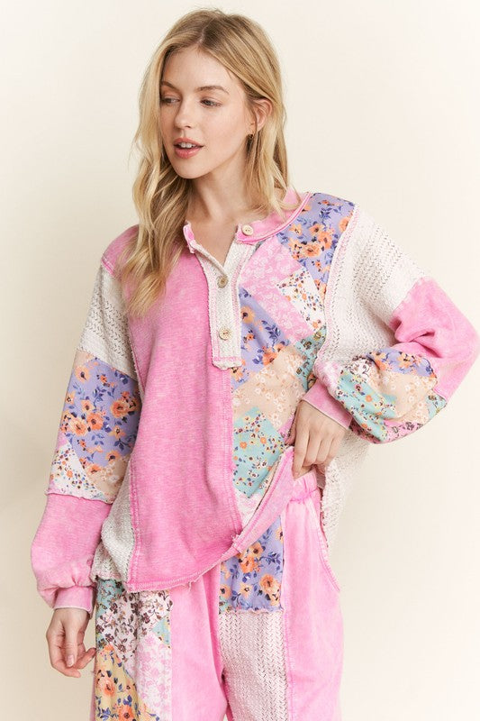 Floral WaveKnit Jacquard Boho Top Bubble Gum