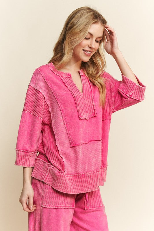 Mineral Washed Split Neckline Top Hot Pink