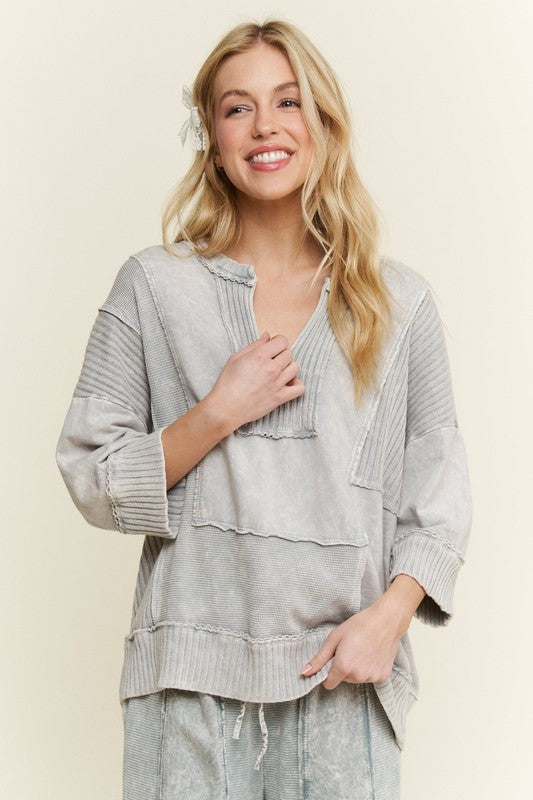 Mineral Washed Split Neckline Top Silver Grey