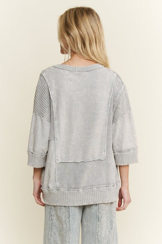 Mineral Washed Split Neckline Top Silver Grey