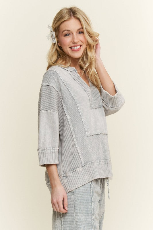 Mineral Washed Split Neckline Top Silver Grey