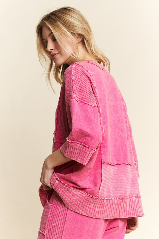 Mineral Washed Split Neckline Top Hot Pink
