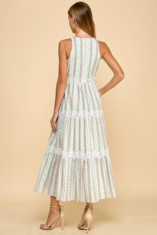 Floral Stripe Print Midi Dress Blue