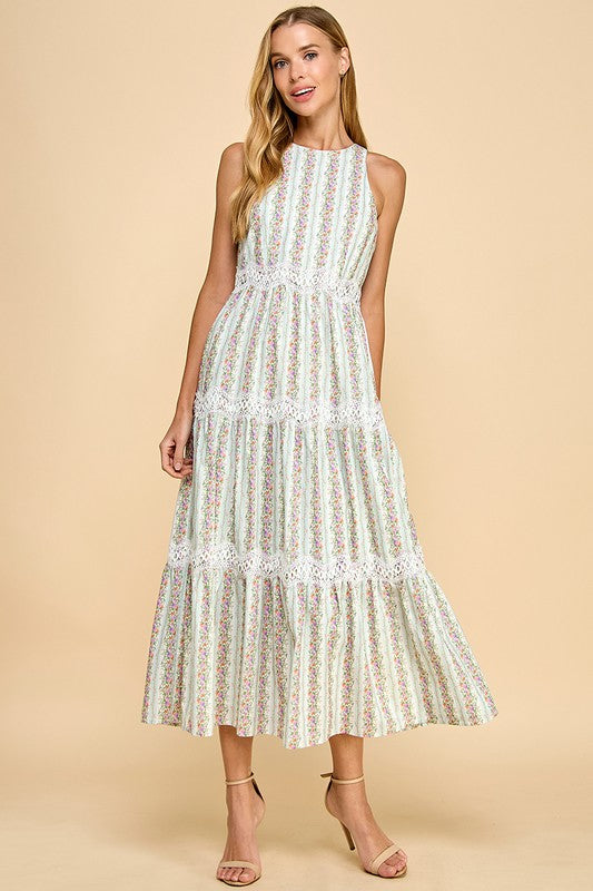 Floral Stripe Print Midi Dress Blue