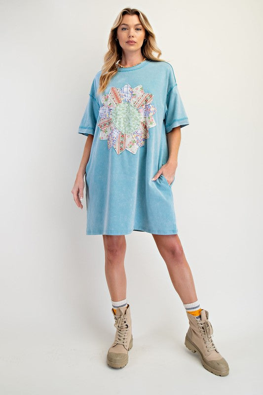 Boho Patch Mineral Washed T-Shirt Dress Blue