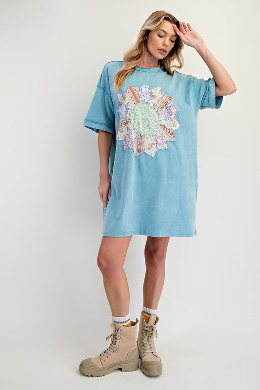 Boho Patch Mineral Washed T-Shirt Dress Blue