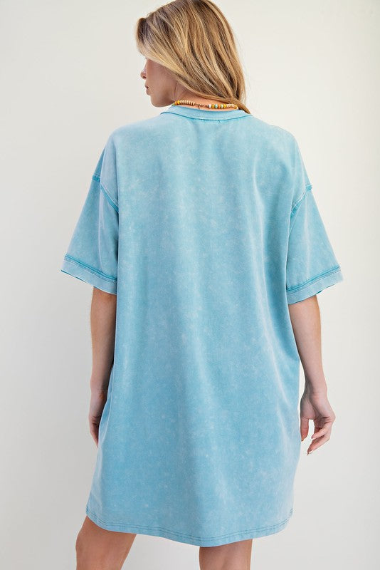 Boho Patch Mineral Washed T-Shirt Dress Blue