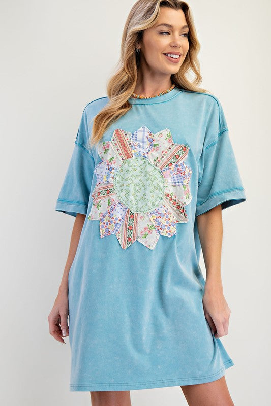 Boho Patch Mineral Washed T-Shirt Dress Blue