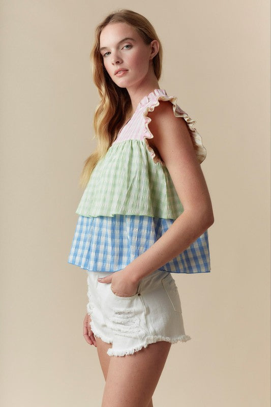 Tiered V-neck Sleeveless Top Pink Multi