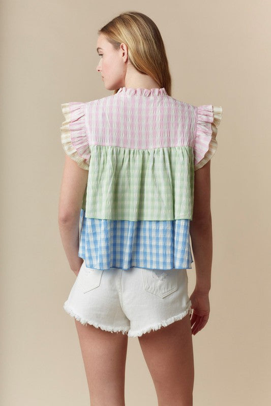 Tiered V-neck Sleeveless Top Pink Multi