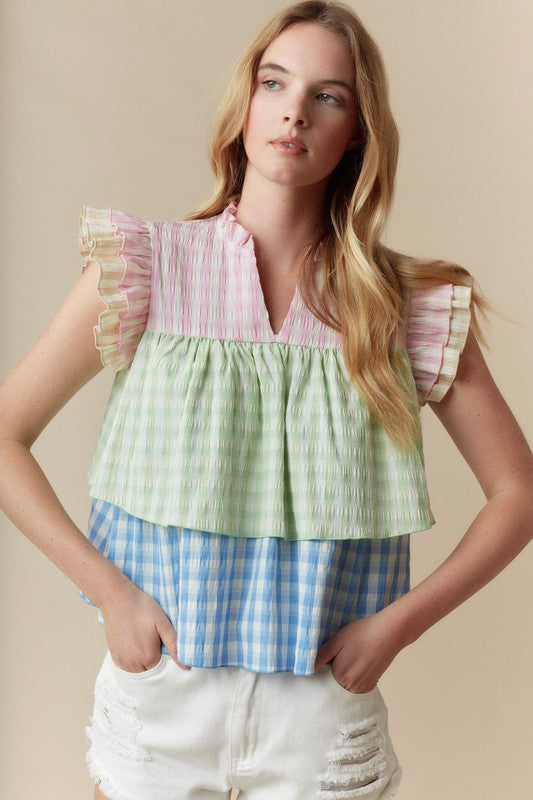 Tiered V-neck Sleeveless Top Pink Multi