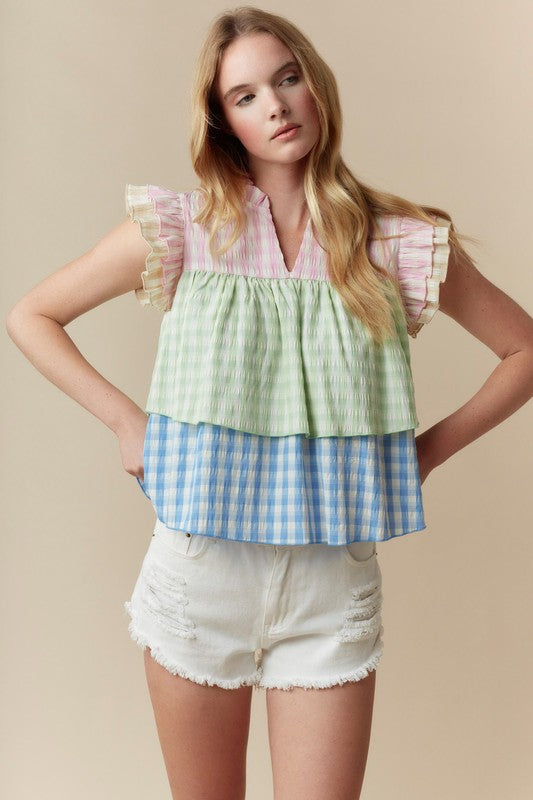 Tiered V-neck Sleeveless Top Pink Multi