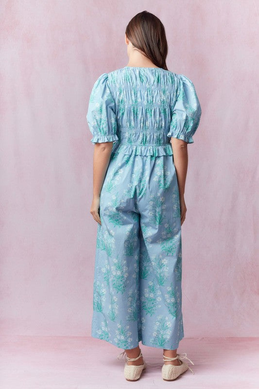 Floral Printed Short Puff Sleeve Jumpsuit Blue