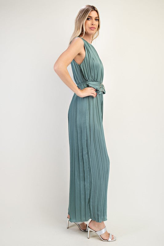 Buckle Satin Pleated Jumpsuit Mint