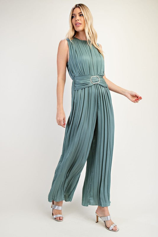 Buckle Satin Pleated Jumpsuit Mint
