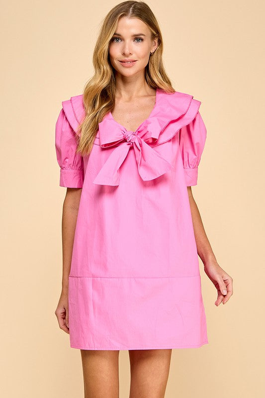 Wide Sailor Collar Front Bow Tie Shift Dress Pink