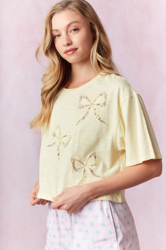 Bow Lace Laser Cut Embroidered Top Light Yellow