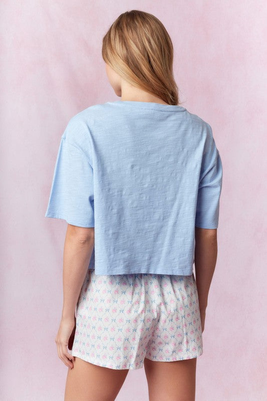 Bow Lace Laser Cut Embroidered Top Denim Blue