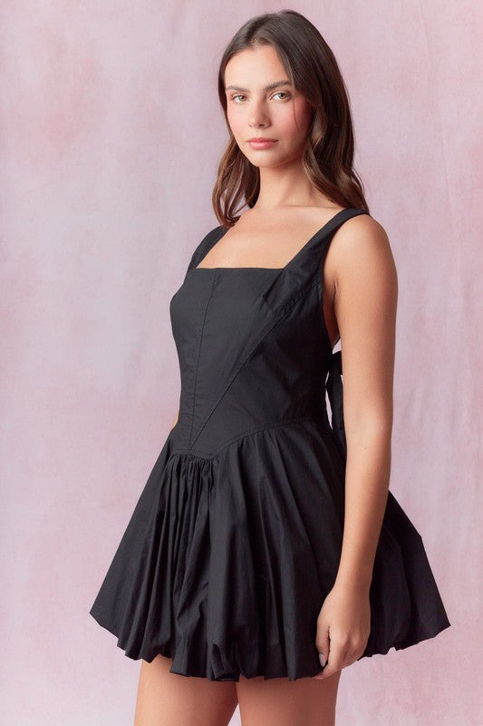 Bow Back Extra Bubble Hem Mini Dress Black - Southern Fashion Boutique Bliss