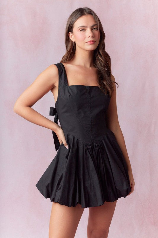 Bow Back Extra Bubble Hem Mini Dress Black