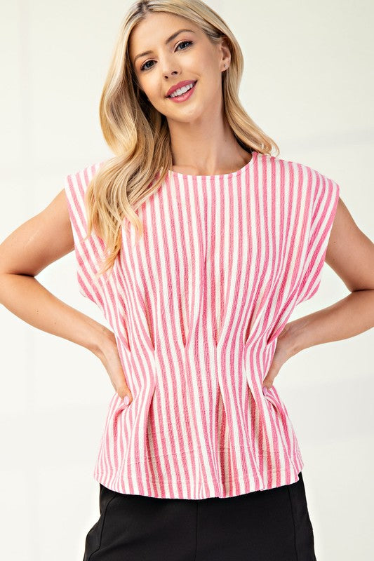 Round Neck Waist Pleated Top Pink