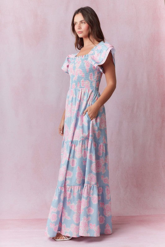 Poplin Print Floral Print Maxi Dress Baby Blue/Pink