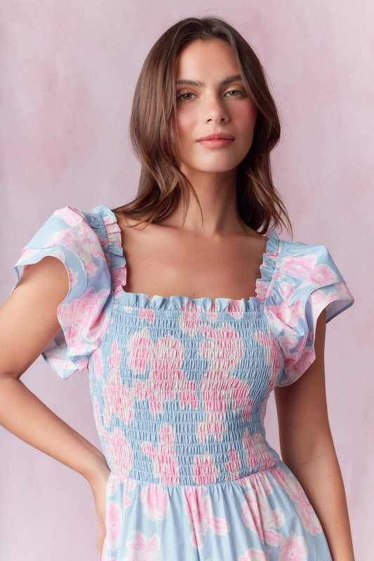 Poplin Print Floral Print Maxi Dress Baby Blue/Pink