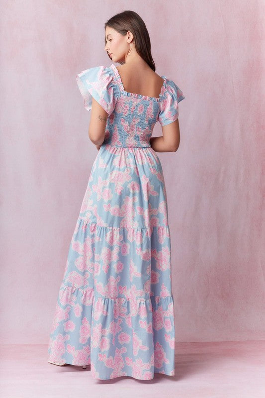 Poplin Print Floral Print Maxi Dress Baby Blue/Pink