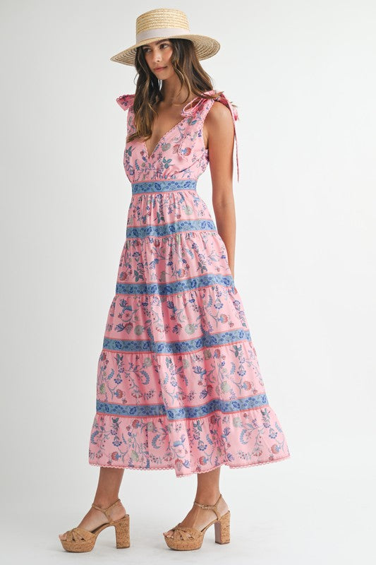 Floral Print Tiered Midi Dress Pink
