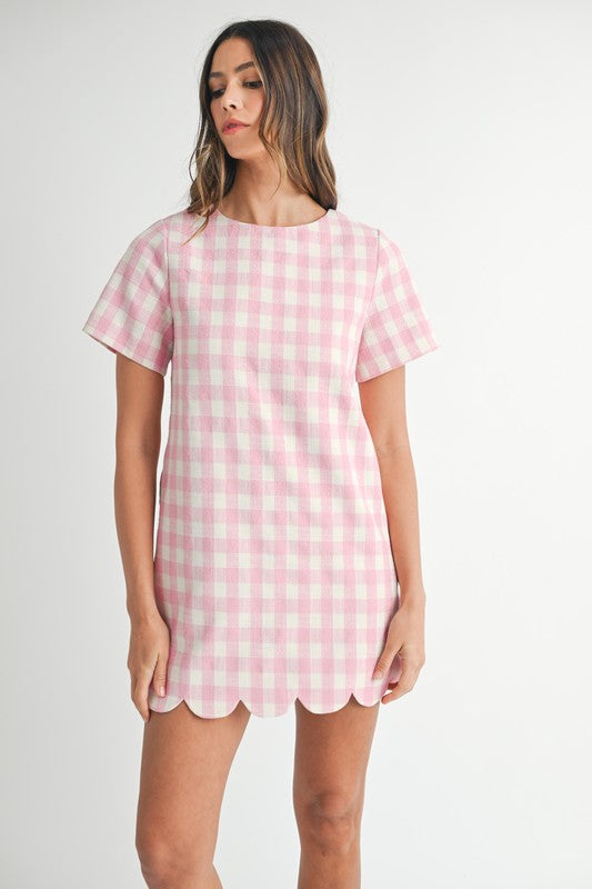 Scallop Hem Plaid A Line Mini Dress Pink