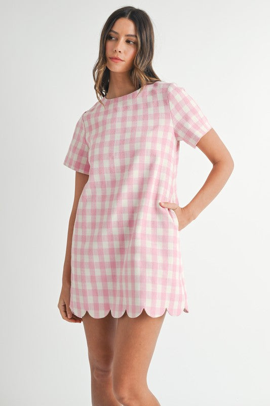 Scallop Hem Plaid A Line Mini Dress Pink