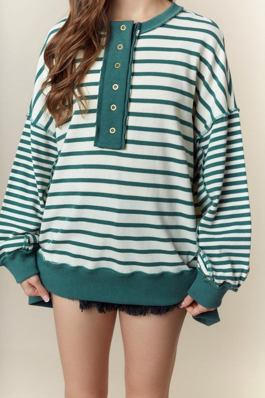 Stripe Contrast Placket Sweatshirt Hunter Green