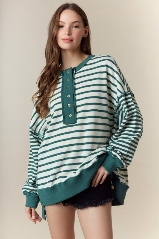 Stripe Contrast Placket Sweatshirt Hunter Green