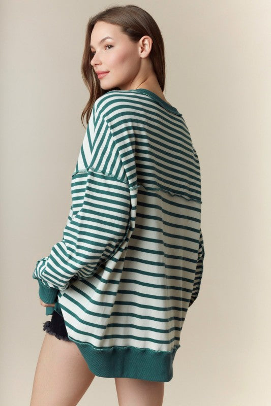 Stripe Contrast Placket Sweatshirt Hunter Green