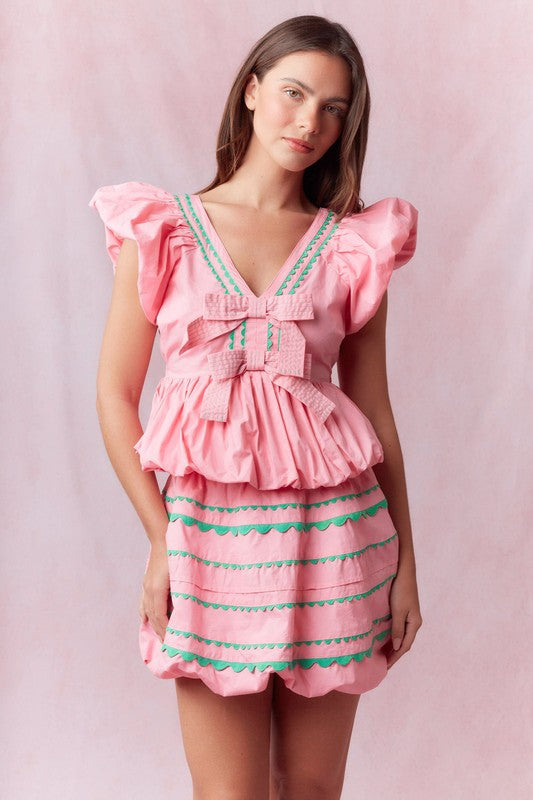 Ric Rac Trim Detail Bubble Hem Skirt Pink