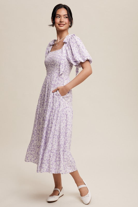 Smocked Puff Sleeve Midi Dress Lavender