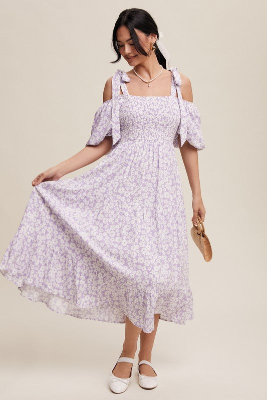 Smocked Puff Sleeve Midi Dress Lavender