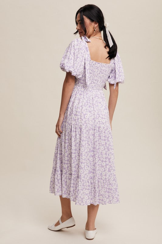 Smocked Puff Sleeve Midi Dress Lavender