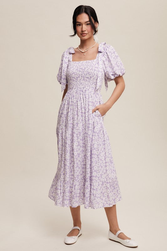 Smocked Puff Sleeve Midi Dress Lavender
