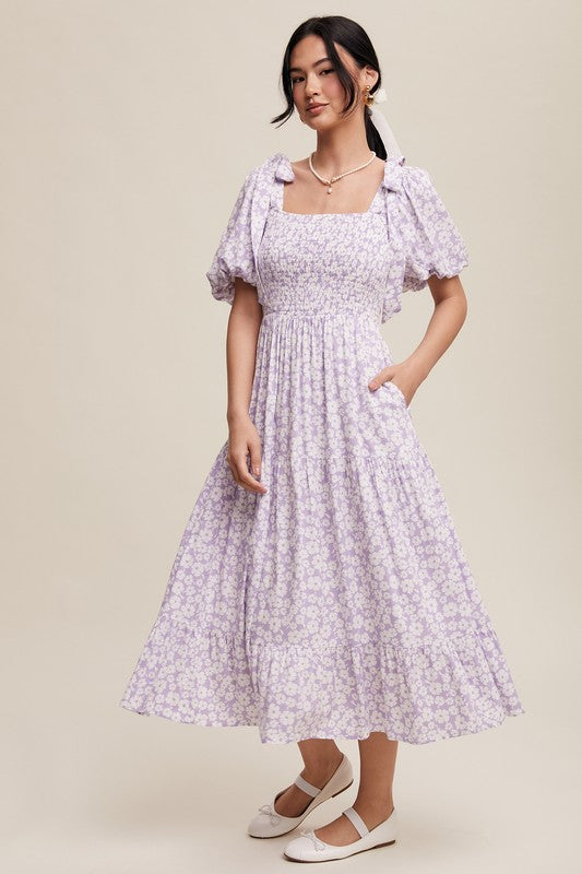 Smocked Puff Sleeve Midi Dress Lavender
