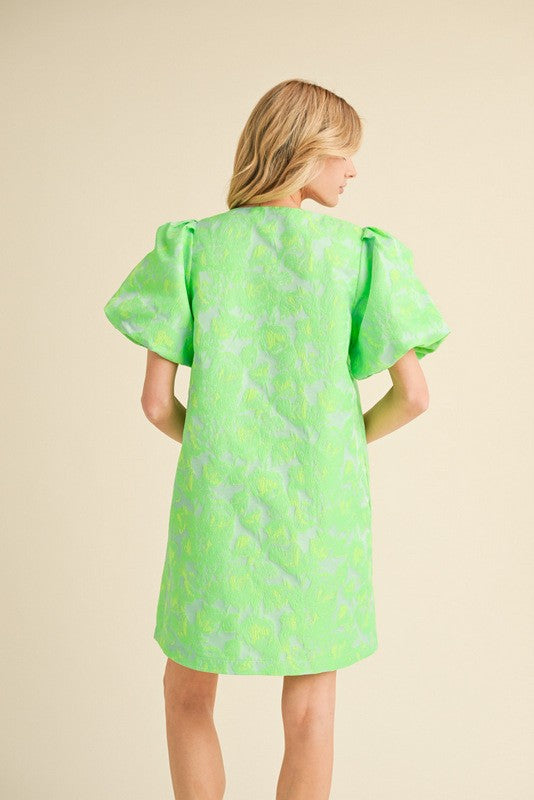Flower Jacquard Embroidery Dress Green