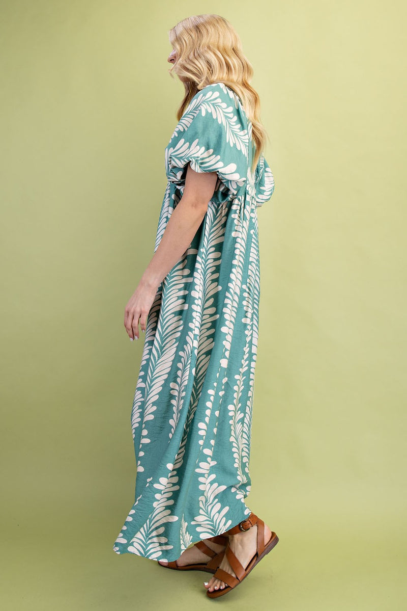 Printed Puff Sleeve Midi Dress Mint/Cream