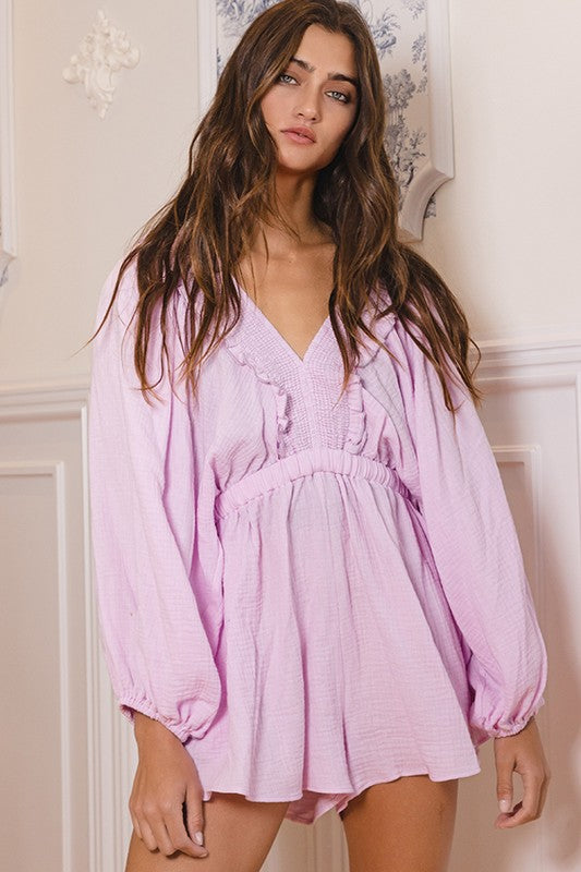 Smocked V-neck Ruffled Woven Romper Lilac