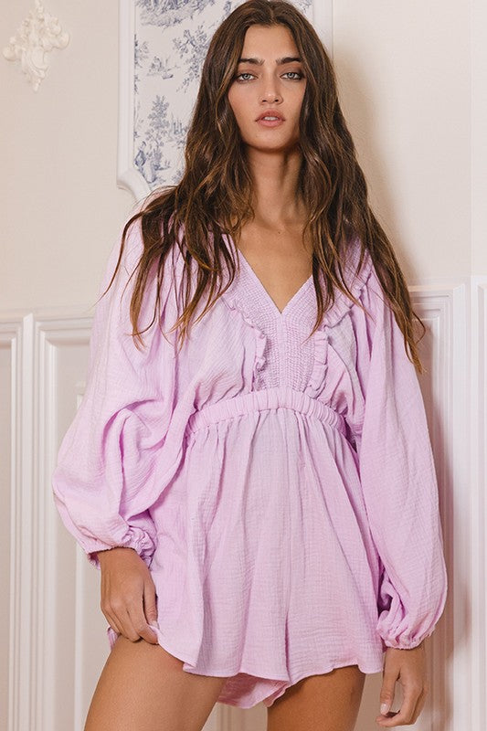 Smocked V-neck Ruffled Woven Romper Lilac