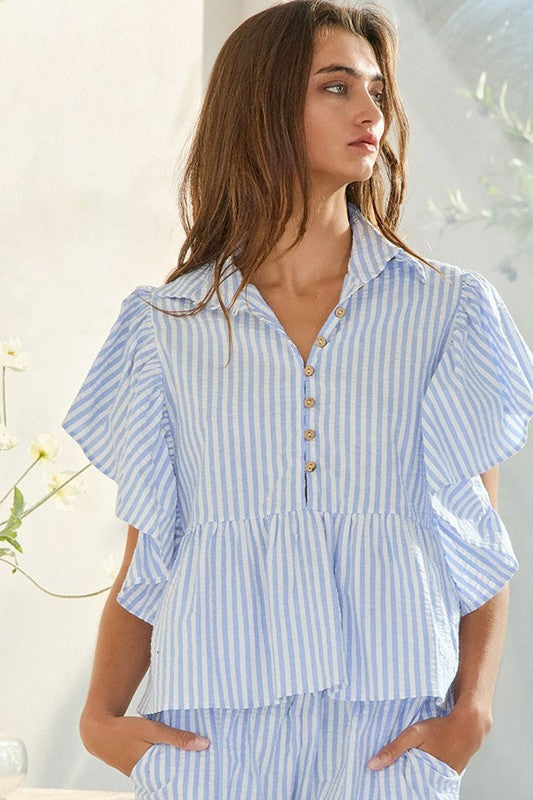 Ruffle Sleeves Pintuck Detail Striped Top Blue