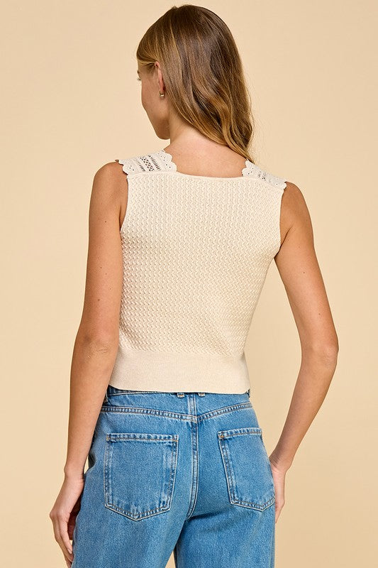 Knit Button Up Lace V-Neck Tank Top Cream