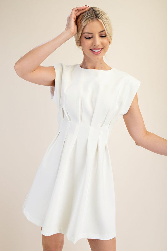 pleated mini dress white Round Neck Waist Pleated Mini Dress White